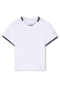 White short-sleeve T-shirt with navy blue accents at the collar and sleeves. Features a two-button placket and logo detail on the sleeve.