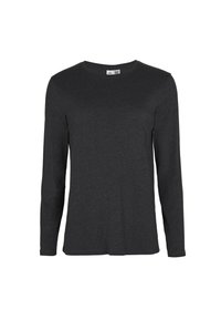 Langarmshirt in Dunkelgrau, aus weichem Stoff hergestellt. Hat einen Rundhalsausschnitt und einen geraden Saum ohne sichtbare Muster oder Akzente.