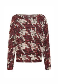 Maglione lavorato a maglia con scollo ampio e maniche lunghe, caratterizzato da un motivo a zigzag in tonalità di rosso, bianco e grigio scuro su un tessuto testurizzato.