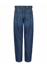 Jeans med elastisk midja, lös passform, mörkblå färg, två bakfickor och avsmalnande ben som avslutas med en fåll.