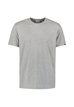 Graues Baumwoll-T-Shirt mit Rundhalsausschnitt, kurzen Ärmeln und geradem Schnitt. Weicher Stoff mit minimalistischem Design und ohne sichtbare Muster oder Akzente.