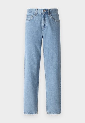 Light blue denim jeans with a straight cut, high waist, and five-pocket design. Features a metal button and belt loops.