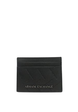 Tarjetero negro de Armani Exchange con patrón de logotipo en relieve y nombre de la marca metálico en el frente, con dos ranuras para tarjetas.
