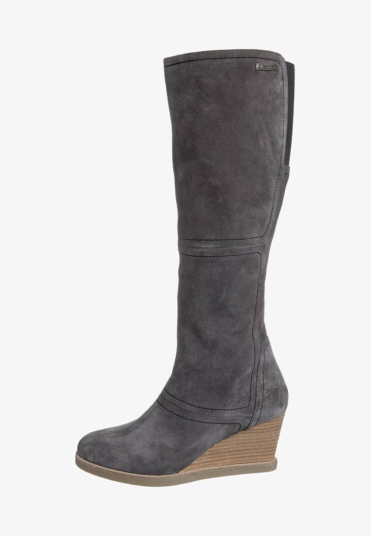 Wedge knee-high boot in gray suede with a smooth texture and stitched seams, featuring a wood-grain patterned wedge heel.