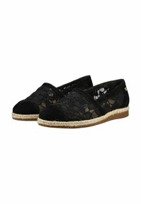 Espadrillas nere in pizzo con tomaia slip-on, punte in camoscio e suole intermedie in juta intrecciata su suole esterne in gomma marrone.
