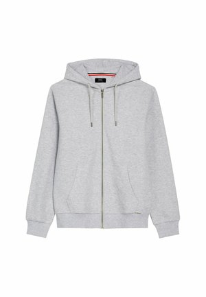 Jasnoszara bluza na zamek z kapturem i sznurkami, z przednimi kieszeniami, ściągaczami na mankietach i kapturem, prezentowana na białym tle.