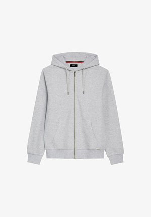 Jasnoszara bluza na zamek z kapturem i sznurkami, z przednimi kieszeniami, ściągaczami na mankietach i kapturem, prezentowana na białym tle.