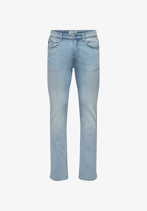 Lichtblauwe slim-fit jeans met knoopsluiting, riemlusjes, voor- en achterzakken en subtiele vervaging op de dijen.