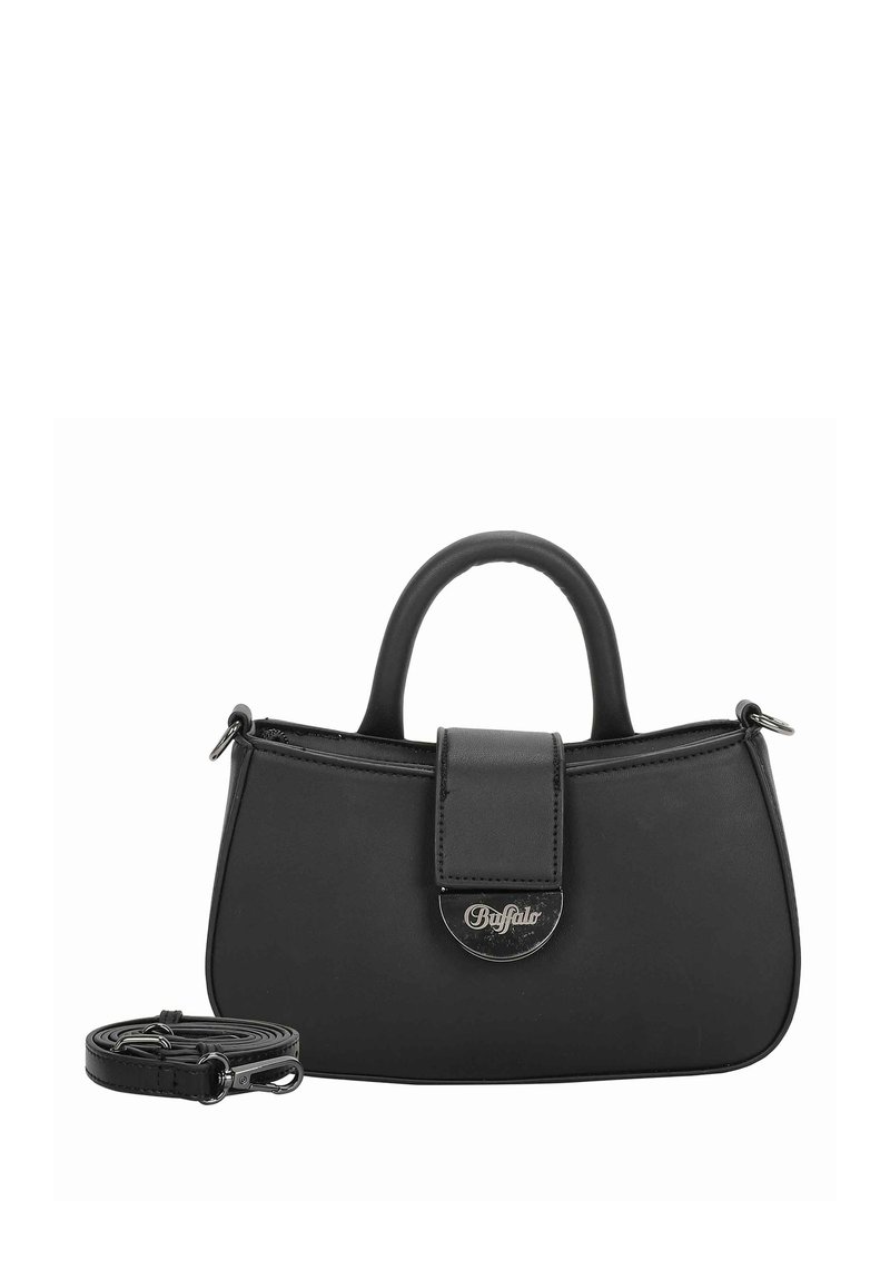 Borsa a mano nera in materiale sintetico, con forma curva, manico superiore, pattina frontale con logo e tracolla removibile.