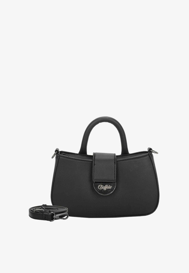 Borsa a mano nera in materiale sintetico, con forma curva, manico superiore, pattina frontale con logo e tracolla removibile.