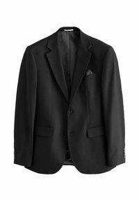 Schwarzer Blazer aus glattem Stoff, mit Schalkragen, zwei vorderen Taschen, einreihiger Knopfschluss und einem Einstecktuch-Detail.