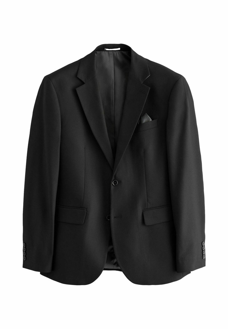 Schwarzer Blazer aus glattem Stoff, mit Schalkragen, zwei vorderen Taschen, einreihiger Knopfschluss und einem Einstecktuch-Detail.