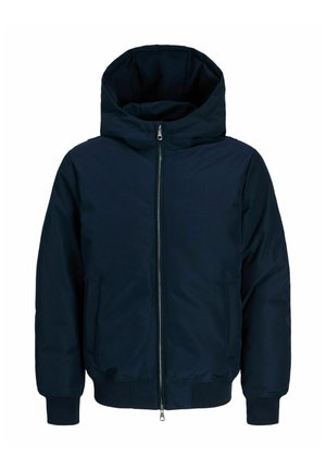 Giacca con cappuccio blu navy con zip frontale, polsini elastici e due tasche laterali, mostrata su sfondo bianco.