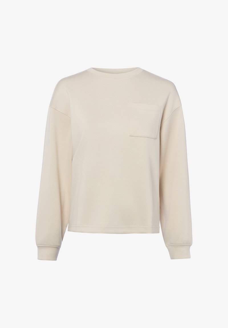 Sweat-shirt beige à manches longues avec col rond, une poche poitrine, des poignets côtelés et une coupe décontractée.