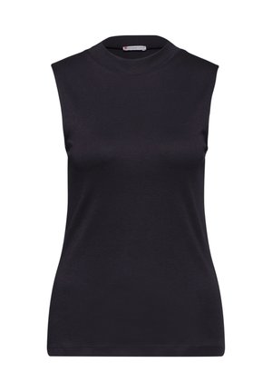 Ärmelloses schwarzes Top mit hohem Kragen, aus glattem Baumwollmischgewebe hergestellt. Schlichtes Design ohne sichtbare Muster oder dekorative Elemente.