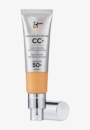 Crème correctrice de couleur à couvrance totale avec SPF 50+, concealer hydratant et anti-âge dans un tube pompe argenté et beige.