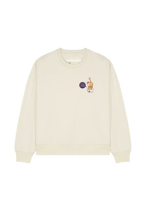 Crèmekleurige sweatshirt met lange mouwen, ribgebreide manchetten en zoom. Heeft een cartoonafbeelding en tekst op de borst. Zachte textuur.