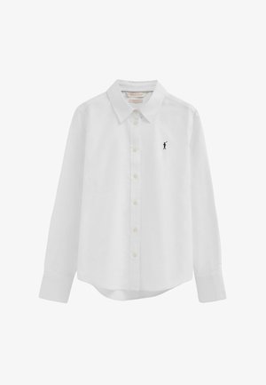 Witte blouse met lange mouwen, knopen en kraag, met een klein zwart geborduurd logo van een polo-speler op de linkerborst.