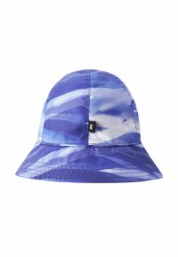 Blue and white patterned bucket hat with a wide brim, made from lightweight material. Features a small black logo tag on the side.