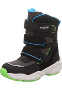 Stivale impermeabile nero e grigio con tre cinturini in velcro, dettagli blu e verde, suola bianca spessa e parte superiore testurizzata per aderenza e supporto.