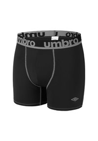 Boxer shorts noirs en tissu lisse, avec une ceinture élastique grise portant l'inscription "umbro" et des détails de couture contrastés.