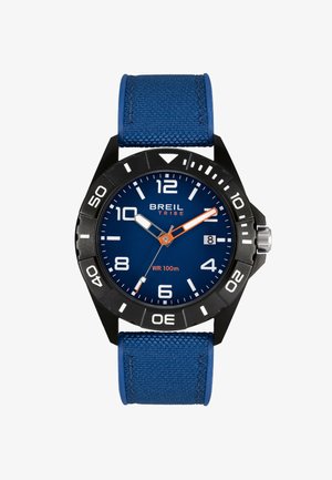 Blåt urskive armbåndsur med sort krans, hvide tal, datovisning ved kl. 3, orange sekundviser og blå stofrem.