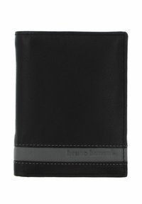 Black leather wallet with a smooth texture, featuring a gray accent band and embossed branding. Folded design with stitched edges.