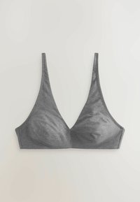 Bralet gri din țesătură, cu decolteu adânc în formă de V și bretele subțiri, având o textură netedă și fără accesorii sau embellishments vizibile.