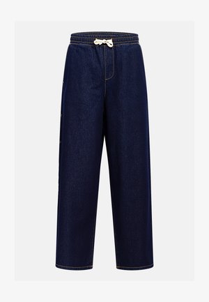 Dunkelblaue Denim-Jogginghose mit elastischem Bund, Kordelzugverschluss und Seitentaschen, ausgestattet mit Kontrastnähten.