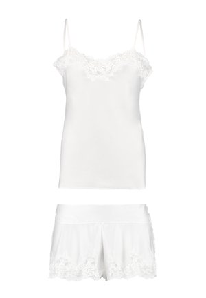 Helles Satin-Camisole und Shorts-Set mit Spitzendekor, das zarte Blumenmuster und verstellbare Träger für eine figurbetonte Passform aufweist.