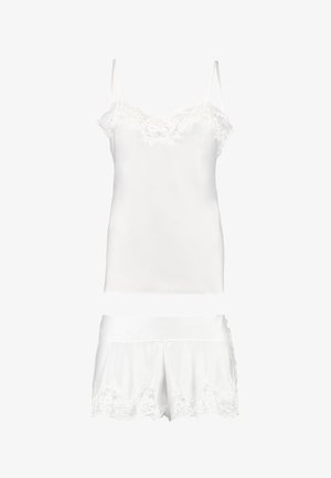 Helles Satin-Camisole und Shorts-Set mit Spitzendekor, das zarte Blumenmuster und verstellbare Träger für eine figurbetonte Passform aufweist.