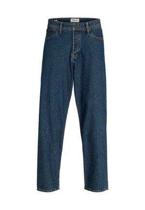 Blue denim jeans with a straight cut, five-pocket design, and metal button closure. Features light fading and contrasting stitching.