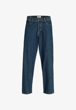 Blaue Jeans mit geradem Schnitt, Five-Pocket-Design und Metallknopfverschluss. Verfügt über leichte Ausbleichungen und kontrastierende Nähte.