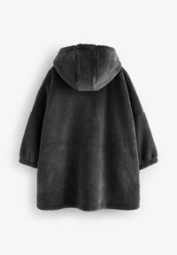 Mörkgrå, fluffig, hooded kappa med en avslappnad passform och vida ärm. Strukturerat tyg med en mjuk känsla, som slutar vid mitten av låret.