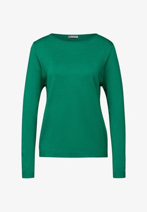 Maglione verde a maniche lunghe con collo rotondo, polsini e orlo a coste, realizzato in tessuto jersey morbido. Senza fantasie o dettagli metallici notevoli.