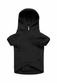 Svart hettegenser til hund laget av ribbestrikket stoff, med korte ermer, åpning foran og et mykt innerfôr. Enkelt design.