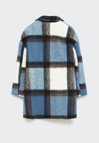 Abrigo largo de mezcla de lana con estampado a cuadros en colores azul, blanco y marrón, con cuello y corte relajado. Textura suave, diseño de longitud media.