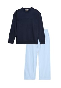 Mörkblå sweatshirt med "WEEKEND" präglat, ihopparad med ljusblå byxor. Båda är gjorda av mjukt tyg med en avslappnad passform.
