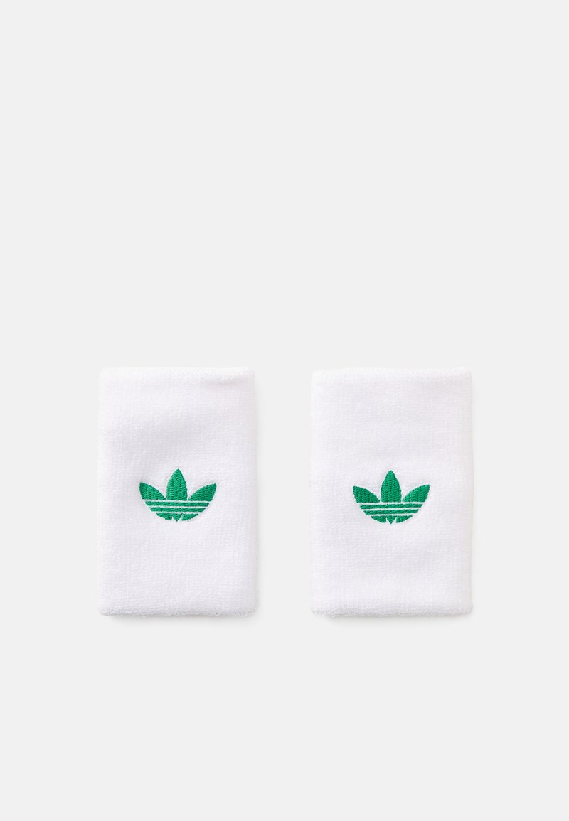Pulseiras de pulso de algodão branco em toalha com logótipo trefoil bordado em verde. Textura suave, ligeiramente elástica, forma retangular.