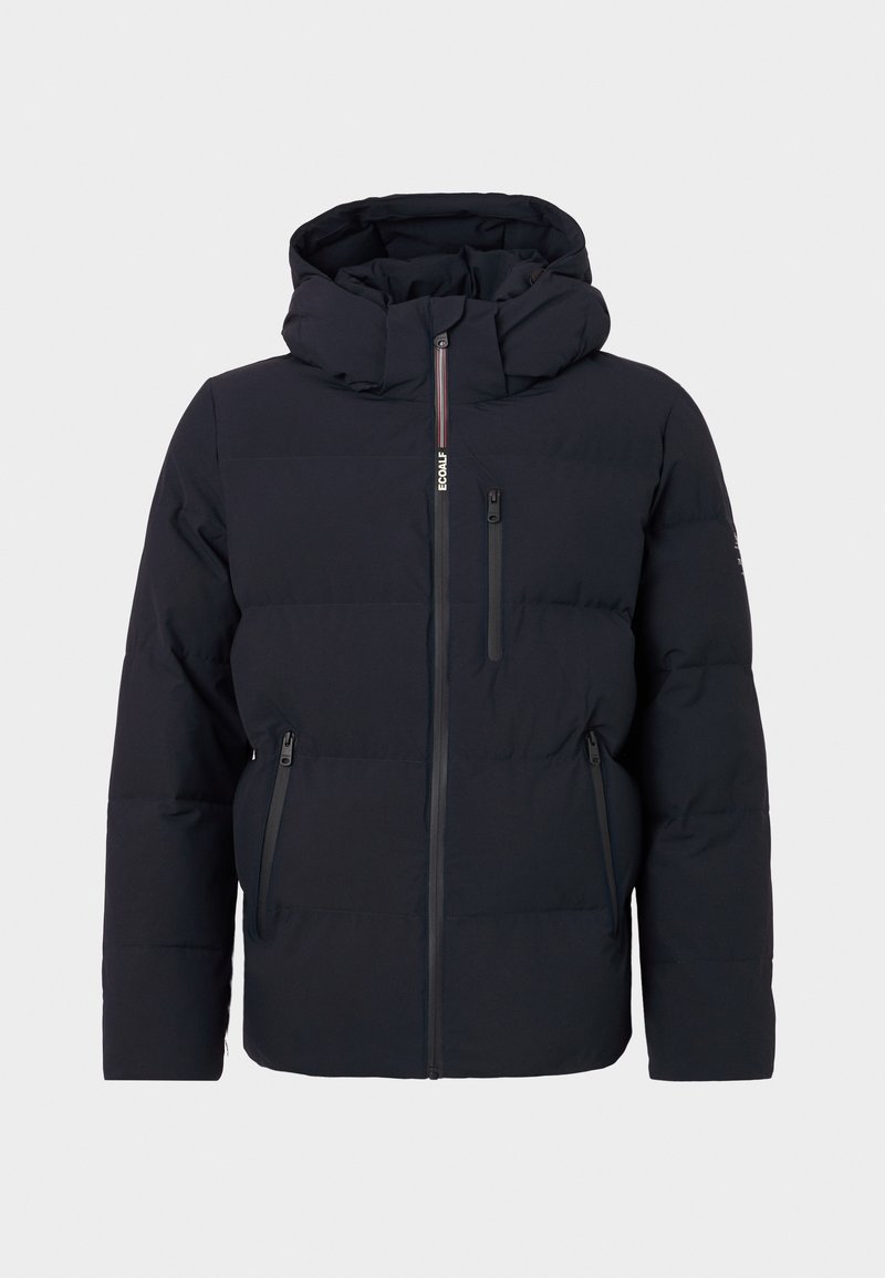 Chaqueta de plumas negra con capucha, dos bolsillos laterales con cremallera y una cremallera frontal vertical con un tirador de varios colores. Textura suave.
