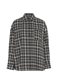 Black and white plaid long-sleeve button-up shirt with collar and chest pocket, displayed against white background.