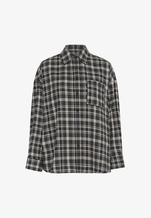 Black and white plaid long-sleeve button-up shirt with collar and chest pocket, displayed against white background.