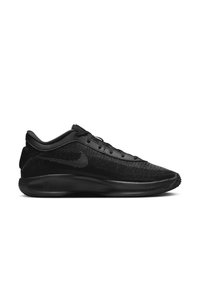 Baskets de sport légères noires avec dessus tricoté, semelle rembourrée et design à lacets, vues de côté sur fond blanc.