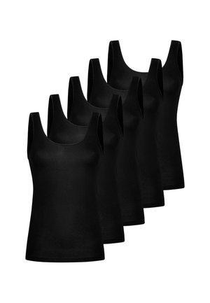 Fem sorte ærmeløse tanktops med rund hals, arrangeret i et forskudt række på en hvid baggrund.