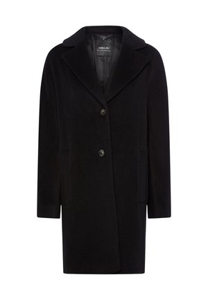 Langer schwarzer Mantel aus Wollmischung, mit Reverskragen, zwei Knöpfen und seitlichen Taschen. Glatte Textur mit einem schlanken Design.