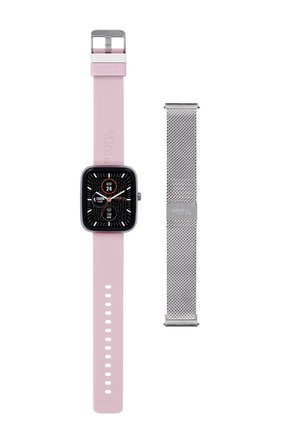 Smartwatch con display quadrato nero, cinturino in silicone rosa e cinturino in rete argentata. Le caratteristiche includono marcatori delle ore luminescenti e visualizzazione della data.