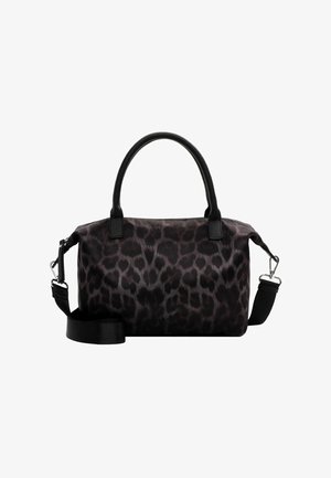 Czarna torba na ramię z wzorem w panterę, wykonana z materiału syntetycznego. Posiada podwójne uchwyty i odczepiany pasek na ramię.