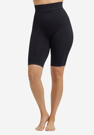 High-waisted black shapewear shorts in stretchy fabric, featuring seamless design, mid-thigh length, and a smooth texture.