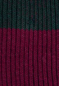 Tessuto lavorato a maglia con righe orizzontali di verde scuro e bordeaux, con una texture a coste e cuciture visibili.