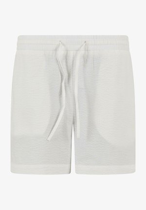 Hvite shorts med teksturert overflate, elastisk midjebånd og justerbar snor. Har rett kant og minimalistisk design.